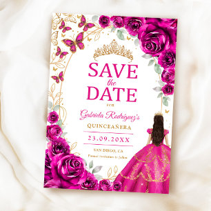 Quinceanera Fuchsia Pink Gold Floral Save The Date
