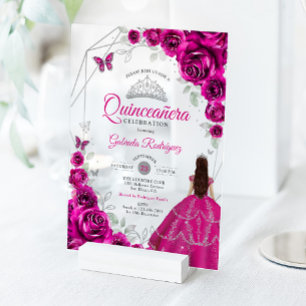 Quinceanera Fuchsia Pink Silver Dress Acrylic Invitations