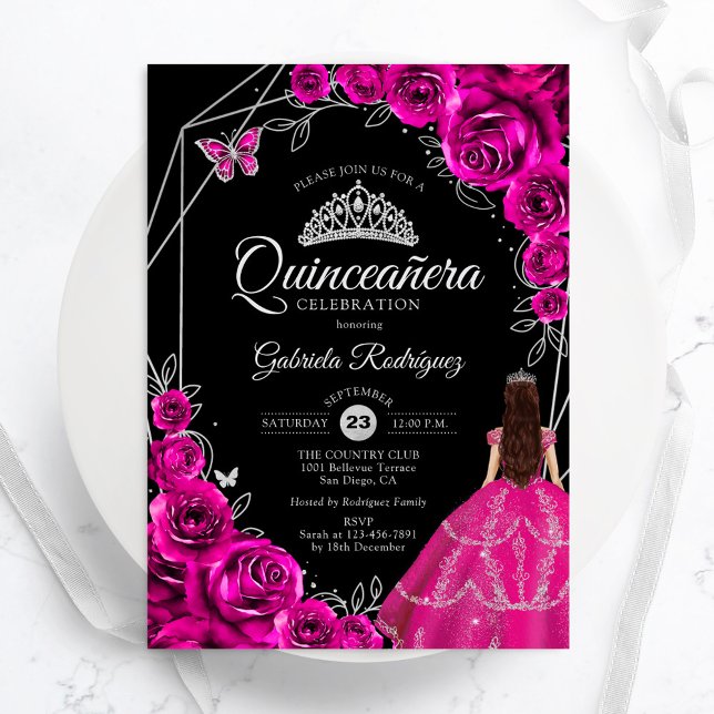 Quinceanera Fuchsia Pink Silver Dress Floral Invitation (Creator Uploaded)