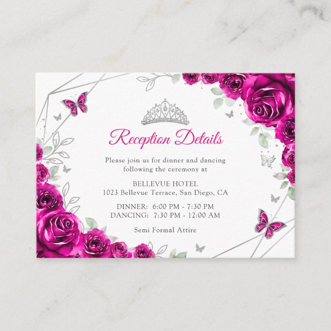 Quinceanera Fuchsia Pink Silver Floral Details Enclosure Card (Front)