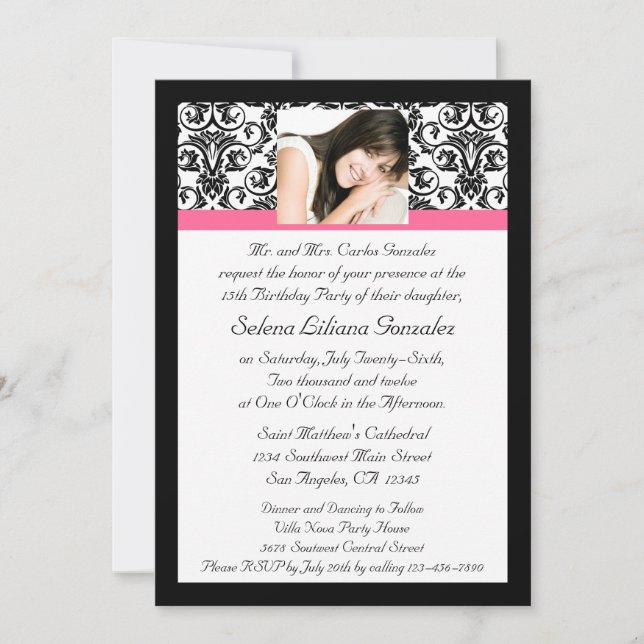 Quinceanera Fushcia Damask Pink and Black Invitation (Front)