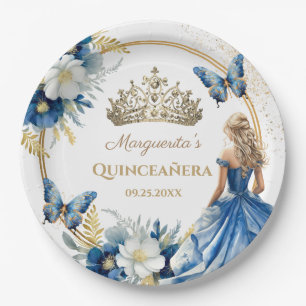 Quinceañera Girl Blue Floral Gold Tiara Butterfly Paper Plate