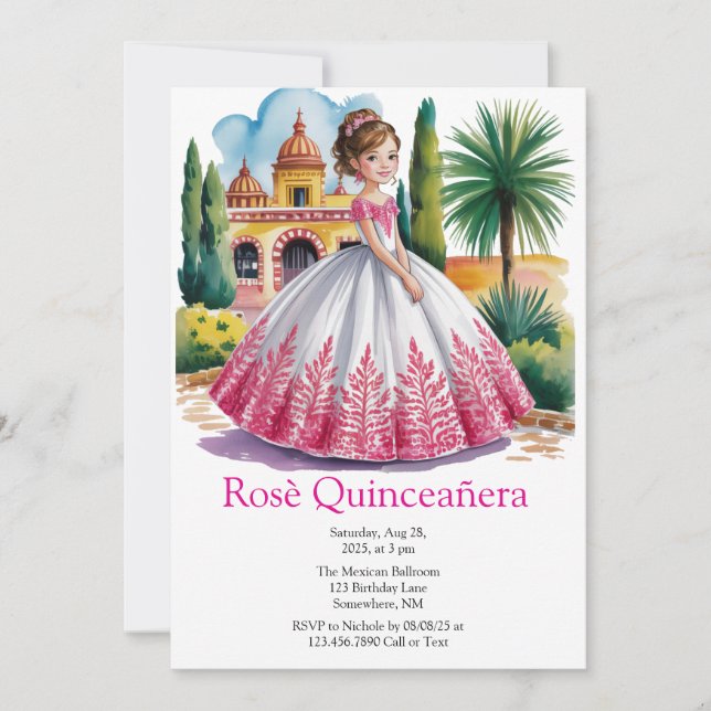 Quinceañera Girl in Pink and White Gown  Invitation (Front)