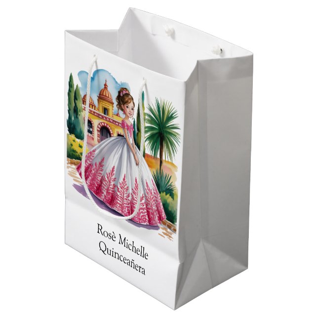 Quinceañera Girl in Pink and White Gown  Medium Gift Bag (Front Angled)