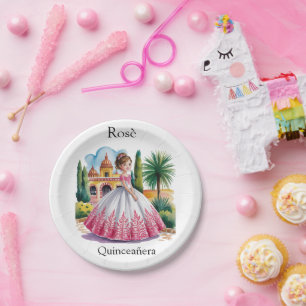 Quinceañera Girl in Pink and White Gown Paper Plate
