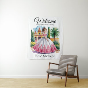 Quinceañera Girl in Pink & White Gown Welcome Sign Tapestry