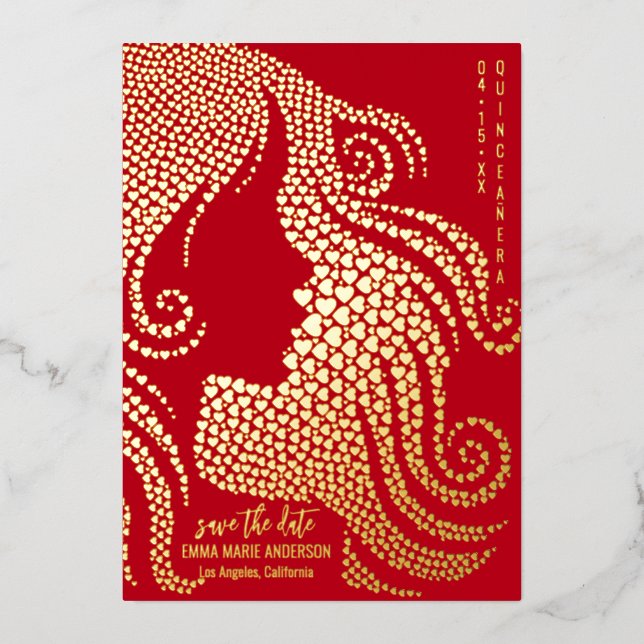 Quinceañera Girl Silhouette Gold Hearts Red Real Foil Holiday Card (Front)