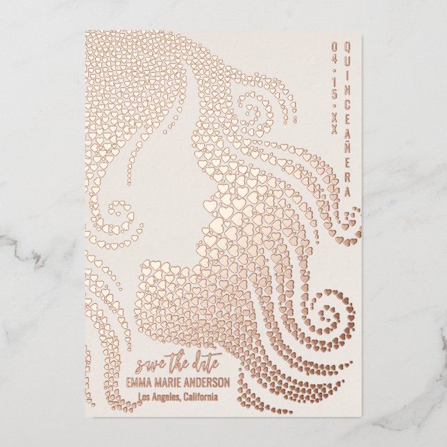 Quinceañera Girl Silhouette Pink Foil Hearts Ivory Foil Holiday Card (Front)