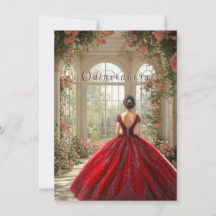 Quinceanera Girl Wearing Red Gown in Atrium Invitation