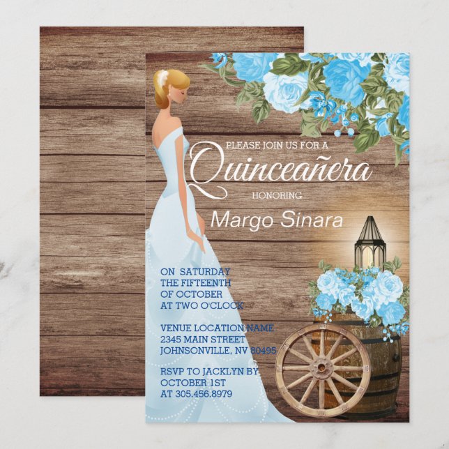 Quinceañera Girl - Wood Barrel & Blue Flowers Invitation (Front/Back)