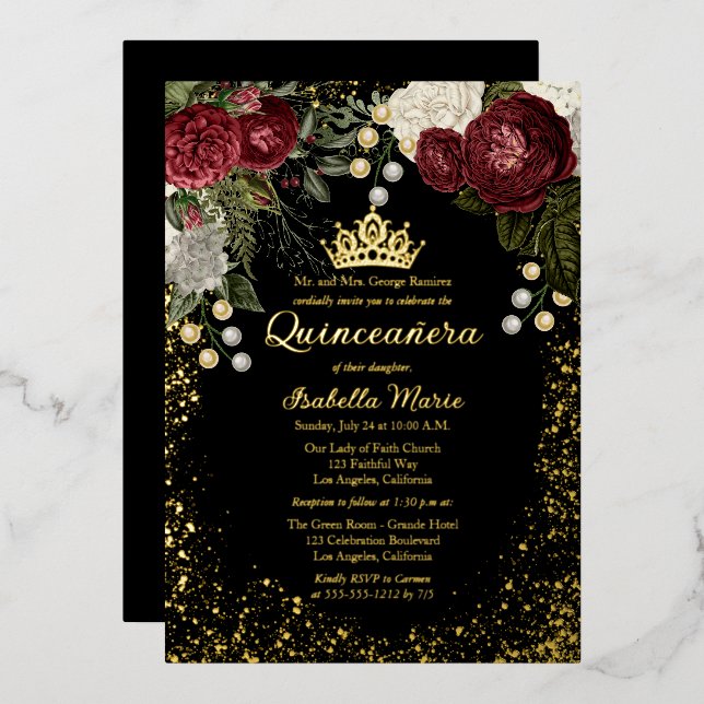 Quinceañera Glam Burgundy Rose Floral Birthday  (Front/Back)