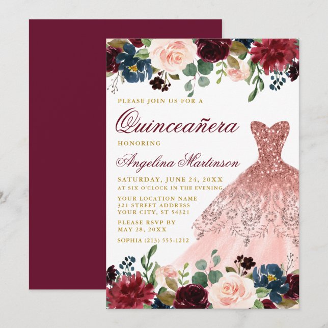 Quinceanera Glitter Dress Burgundy Floral Gold Invitation (Front/Back)