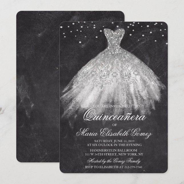 Quinceanera Glitter Dress Diamond Chalk Invitation (Front/Back)