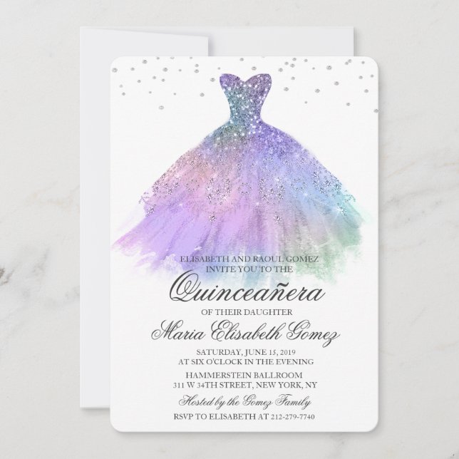 Quinceanera Glitter Dress Diamond Invitation (Front)