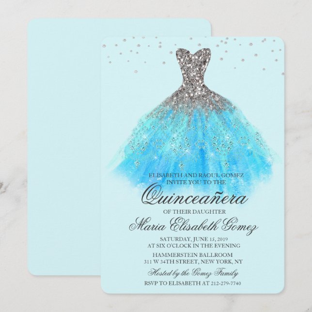 Quinceanera Glitter Dress Diamond Invitation (Front/Back)