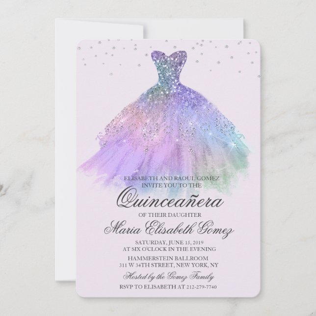 Quinceanera Glitter Dress Diamond Invitation (Front)