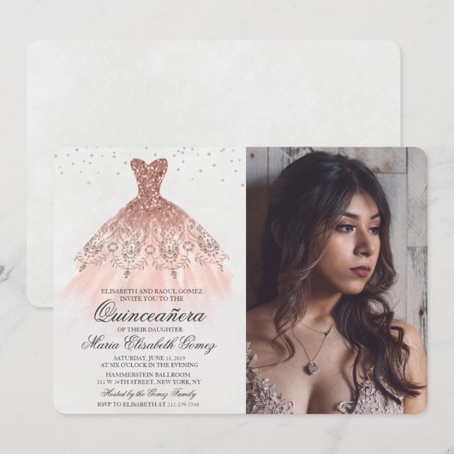 Quinceanera Glitter Dress Diamond Photo Invitation (Front/Back)