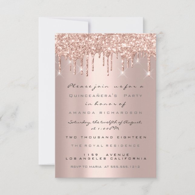 Quinceañera Glitter Drips Rose Bridal Sweet 16th Invitation (Front)