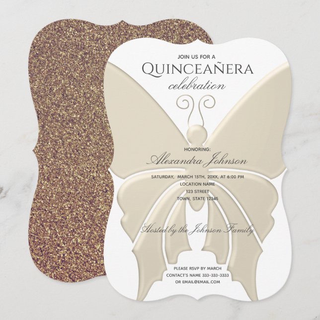 Quinceanera Glitter Gold Butterfly 15th Birthday Invitation (Front/Back)