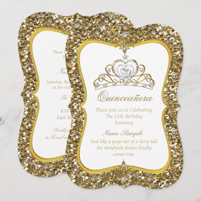 Quinceanera Glitter Gold White Pearl Tiara Invite (Front/Back)