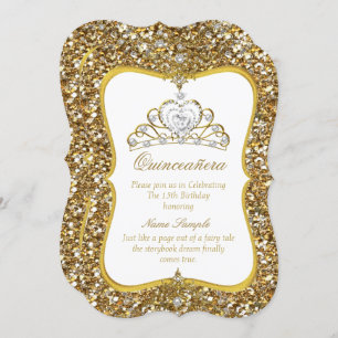 Quinceanera Glitter Gold White Pearl Tiara Invite