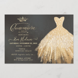 Quinceañera , Glitters Gown, Faux Gold Invitation