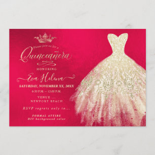 Quinceañera , Glitters Gown, Faux Gold+Red Invitation