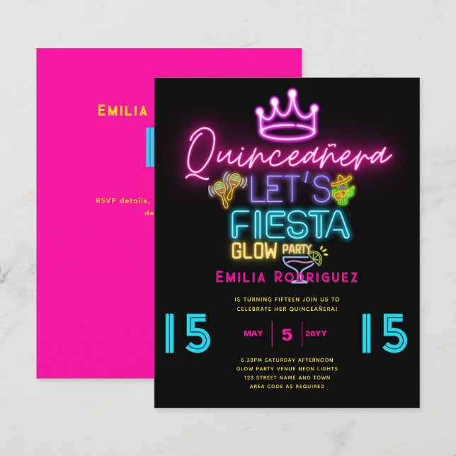 QUINCEAÑERA Glow Party Invitación Fiesta de Neón (Front/Back)