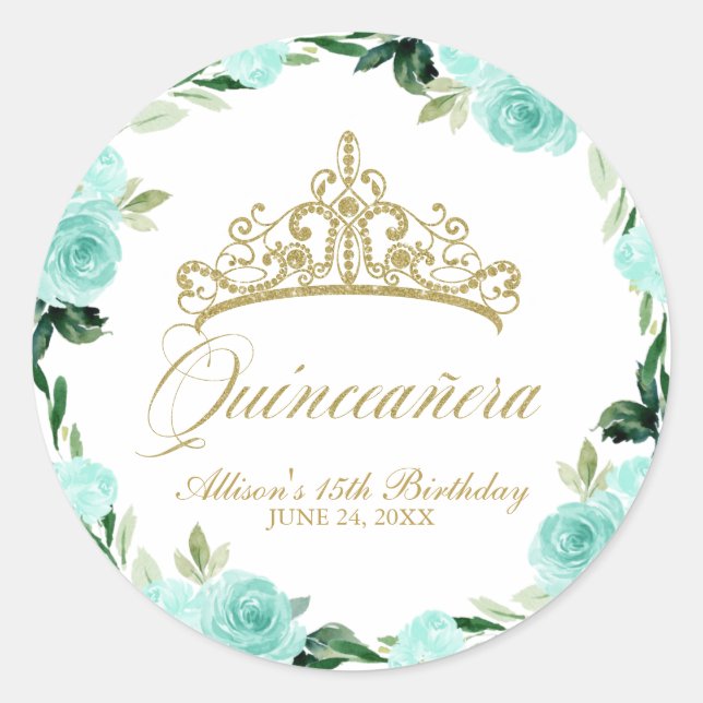 Quinceanera God Glitter Tiara Teal Floral Classic Round Sticker (Front)