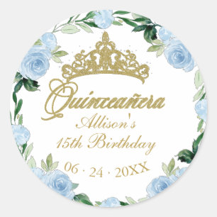 Quinceanera God Tiara Baby Blue Floral Classic Round Sticker