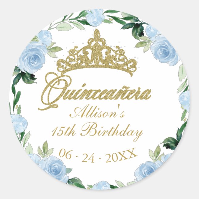 Quinceanera God Tiara Baby Blue Floral Classic Round Sticker (Front)