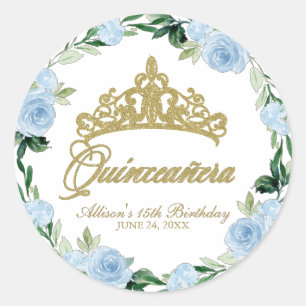 Quinceanera God Tiara Baby Blue Floral Classic Round Sticker