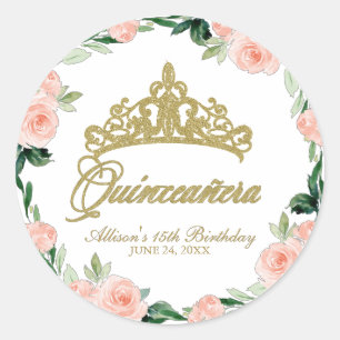 Quinceanera God Tiara Blush Pink Floral  Classic Round Sticker