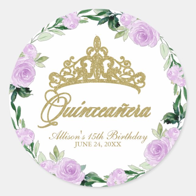 Quinceanera God Tiara Purple Lilac Floral  Classic Round Sticker (Front)