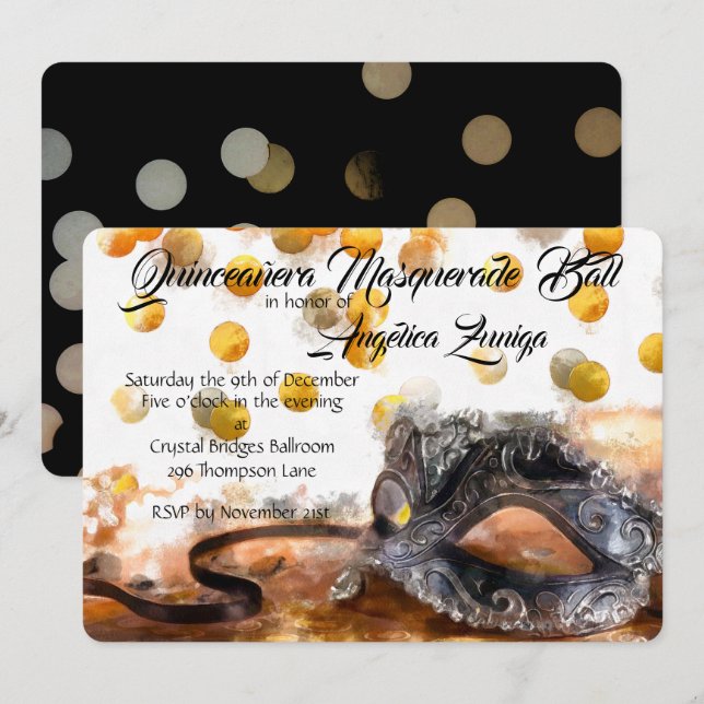 Quinceañera Gold and Black Confetti Masquerade Invitation (Front/Back)
