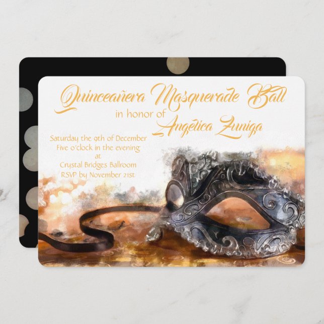 Quinceañera Gold and Black Masquerade Watercolor Invitation (Front/Back)