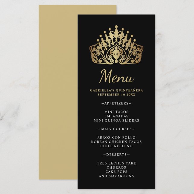 Quinceanera Gold and Black Princess Tiara Crown  Menu (Front/Back)