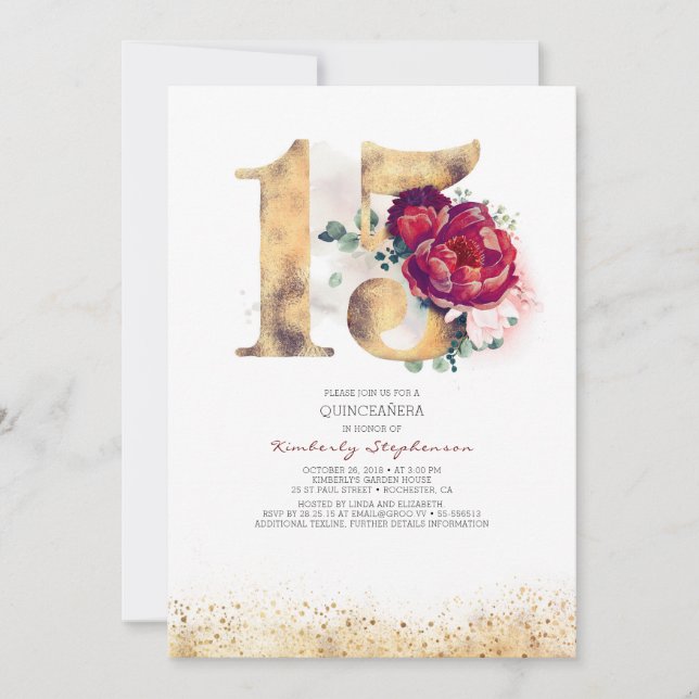 Quinceanera Gold and Burgundy Red 15th Birthday Invitation (Front)