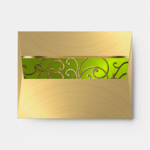 Quinceanera Gold and Lime Filigree Swirl Border Envelope