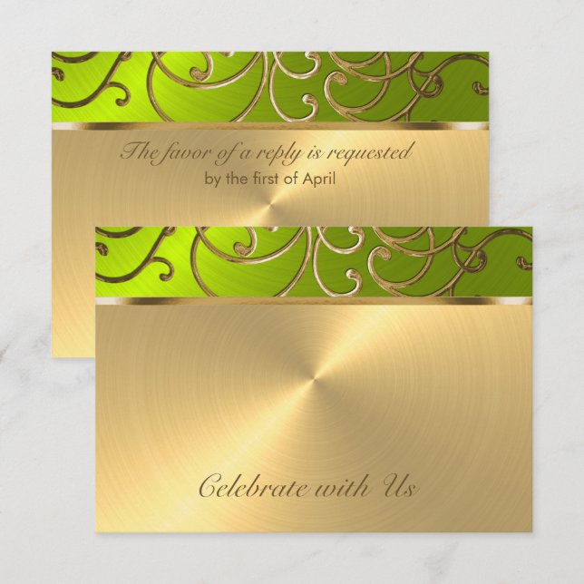 Quinceanera Gold and Lime Filigree Swirl Border Invitation (Front/Back)