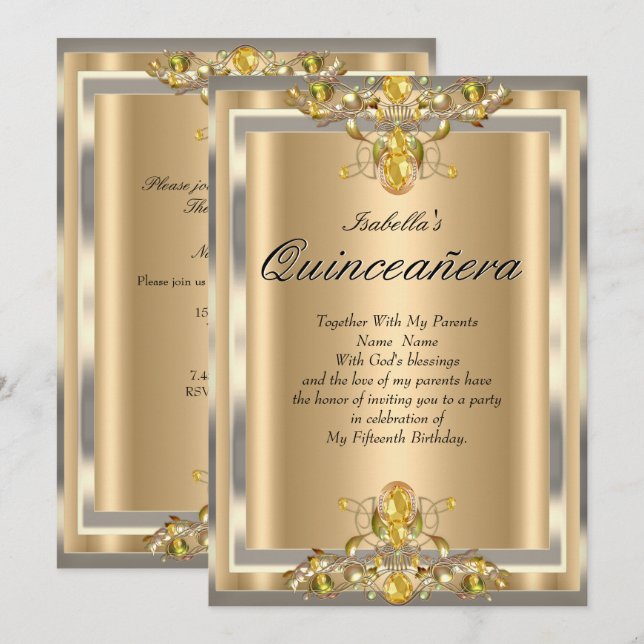 Quinceanera Gold Beige Yellow Gems 15 Birthday Invitation (Front/Back)