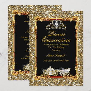 Quinceanera Gold Black Horse Carriage Fairytale Invitation