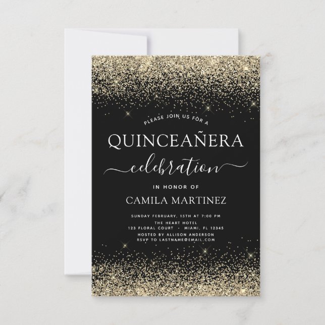 Quinceanera Gold Black Modern Glitter Sparkle Invitation (Front)