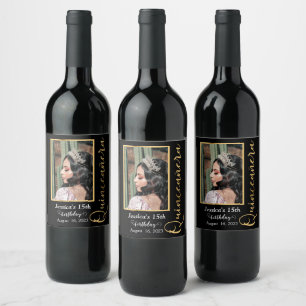 Quinceanera Gold Black Photo Elegant Wine Label