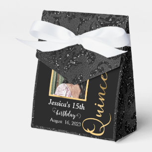 Quinceanera Gold Black Photo Glitter Favour Box