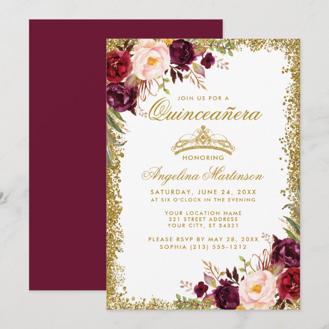 Quinceanera Gold Burgundy Floral Crown Invite B (Front/Back)