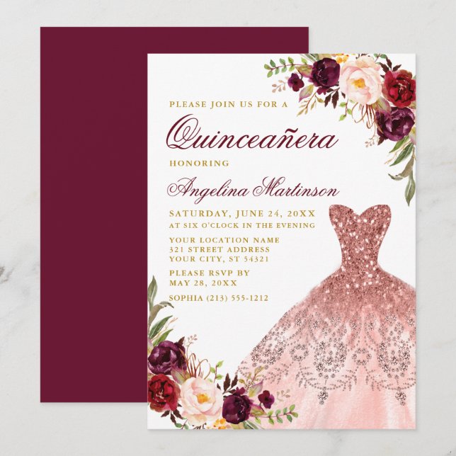 Quinceanera Gold Burgundy Floral Glitter Dress Invitation (Front/Back)