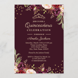 Quinceanera Gold Burgundy floral Sparkle Invitation