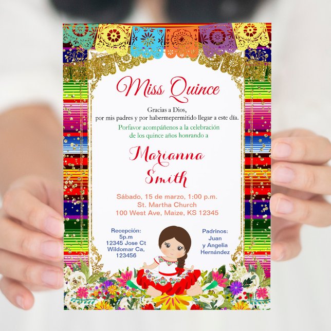 Quinceanera Gold Colourful Mexican Miss Quince  Invitation (Creator Uploaded)