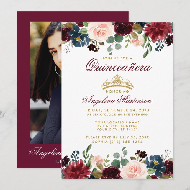 Quinceanera Gold Crown Burgundy Blue Floral Photo Invitation (Front/Back)